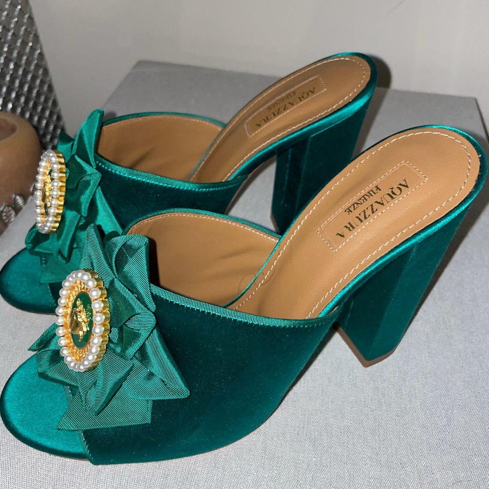 Aquazzura green satin mules